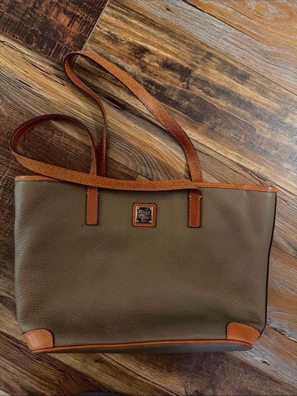 Dooney & Bourke Olive Leather Tote with Tan Handles